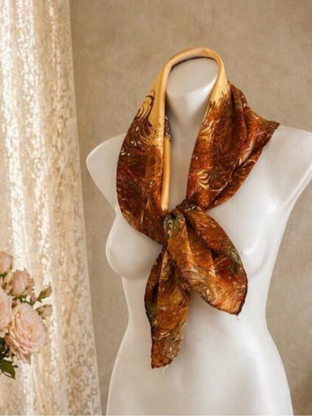 Vintage Burmel Silk Scarf | Marbled Rust Amber Print | 1960s Square